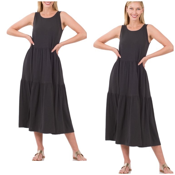 Black Amazing Soft Oversized Tiered Midi Dress - Picture 4 of 6